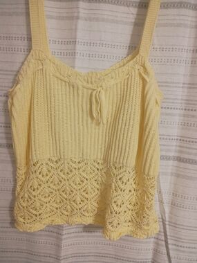 wild fable Pale Yellow Crochet Tank Top with Tie Neck
